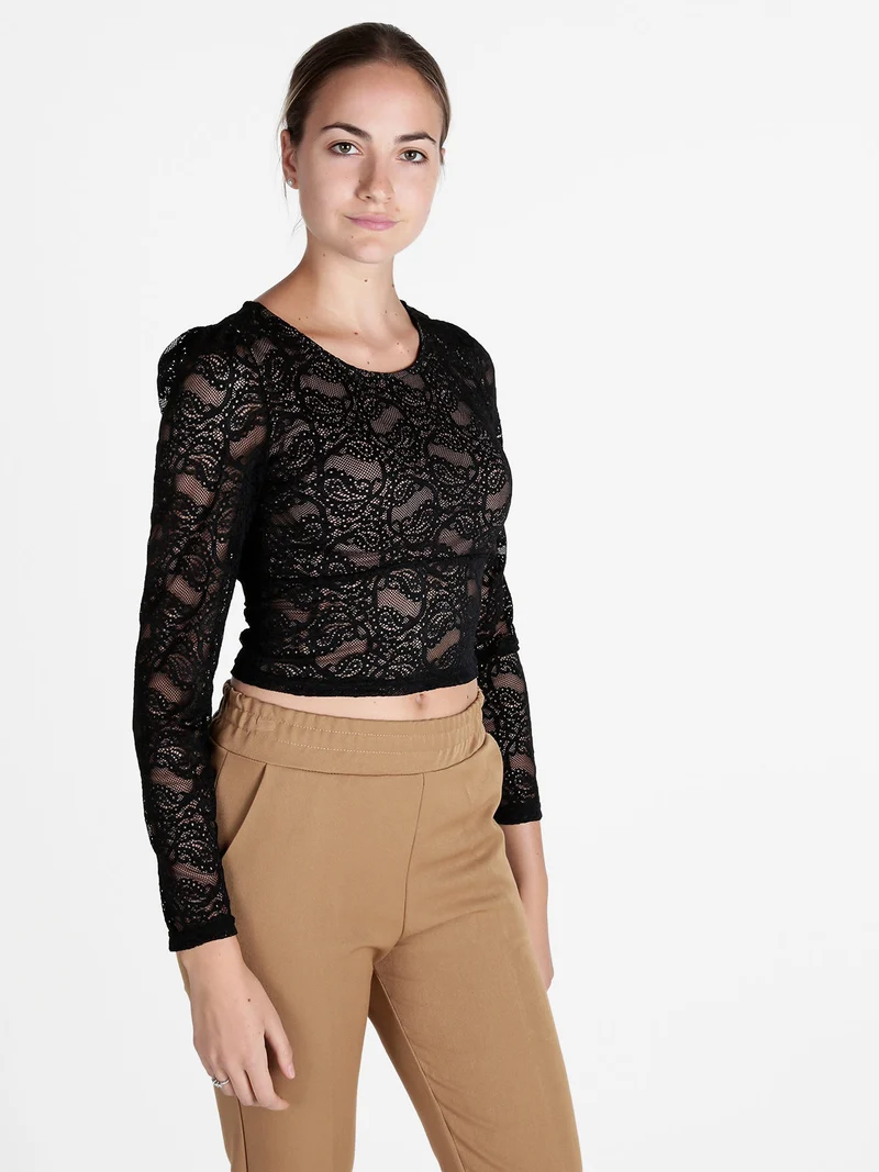 Top donna in pizzo a maniche lunghe - cammello