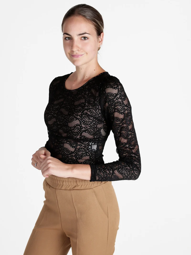 Top donna in pizzo a maniche lunghe - cammello
