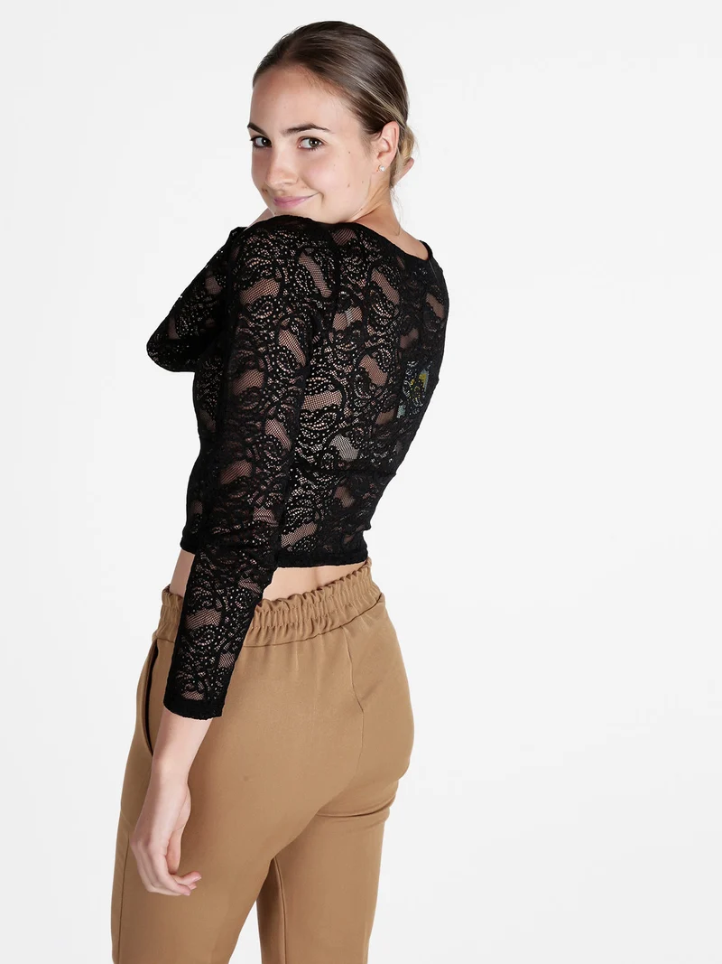 Top donna in pizzo a maniche lunghe - cammello