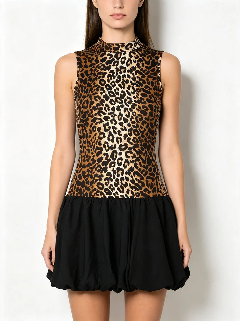 Abito donna animalier senza maniche con gonna a palloncino - multicolore
