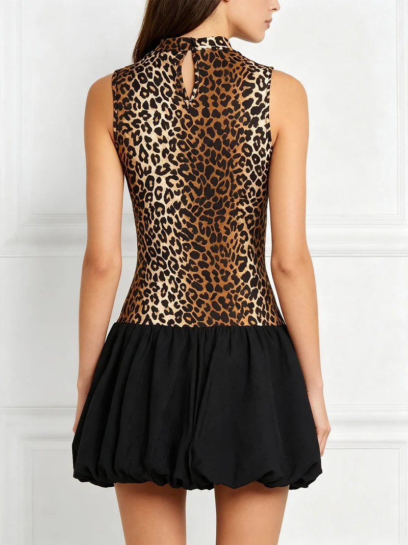 Abito donna animalier senza maniche con gonna a palloncino - multicolore