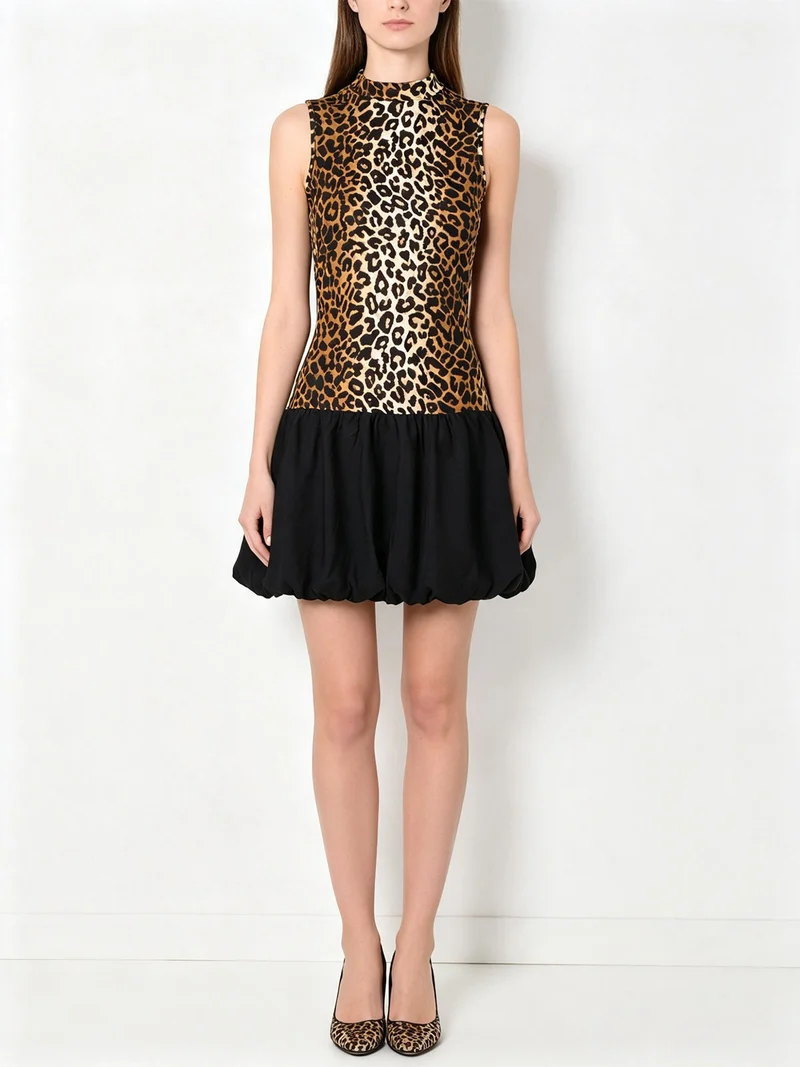 Abito donna animalier senza maniche con gonna a palloncino - multicolore