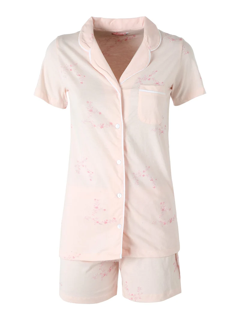 Pigiama aperto da donna in cotone a maniche corte con shorts - rosa