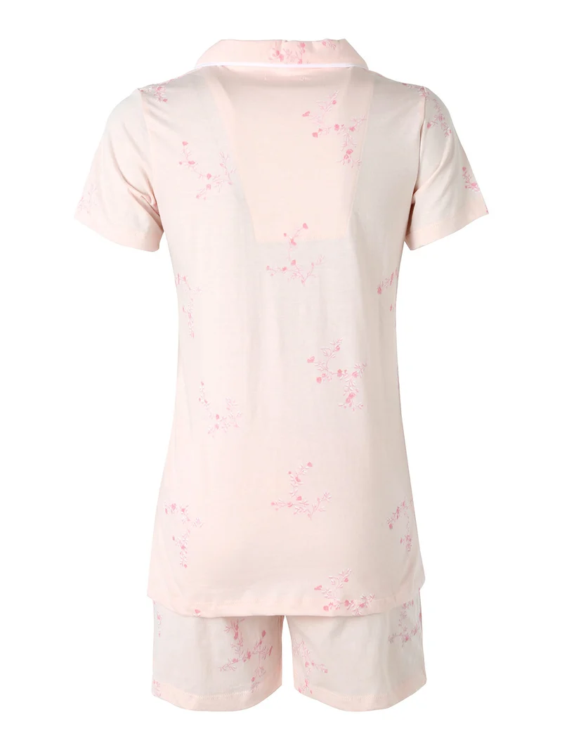 Pigiama aperto da donna in cotone a maniche corte con shorts - rosa