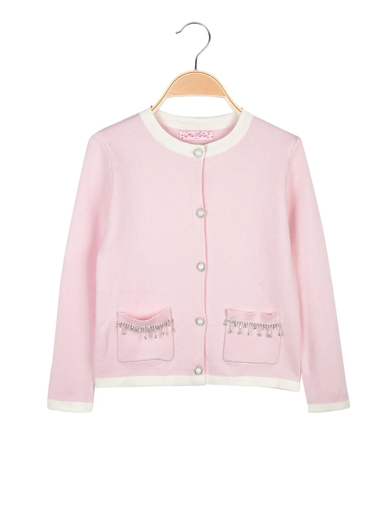 Cardigan da bambina in maglia con bottoni gioiello e taschini - rosa