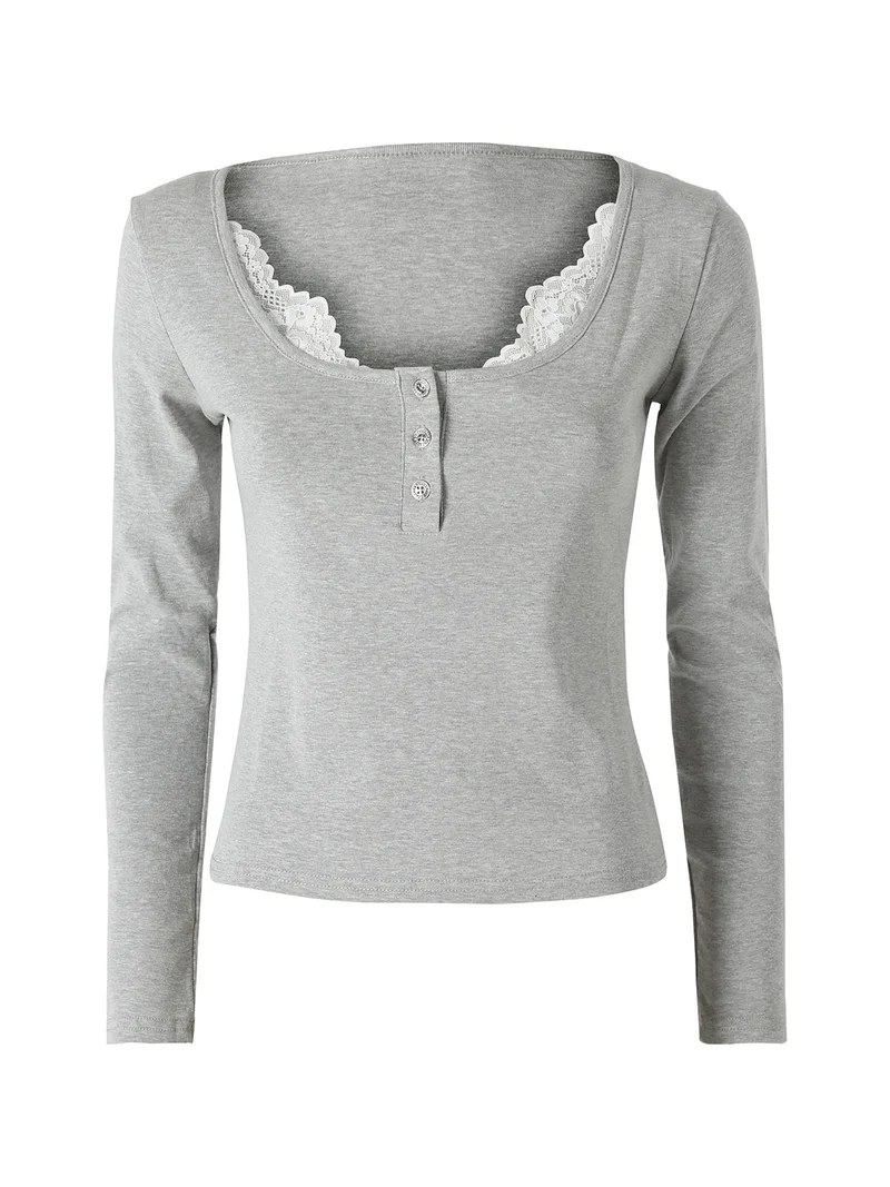 Maglietta donna in cotone a maniche lunghe con dettaglio di pizzo - grigio