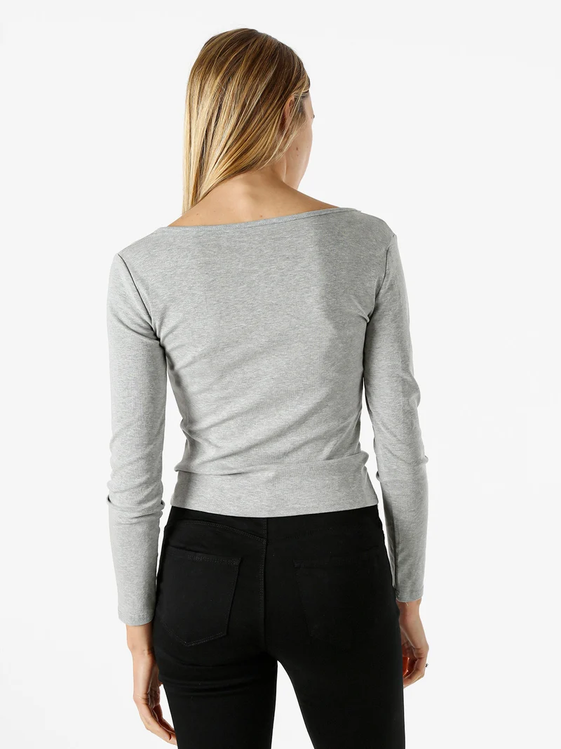 Maglietta donna in cotone a maniche lunghe con dettaglio di pizzo - grigio