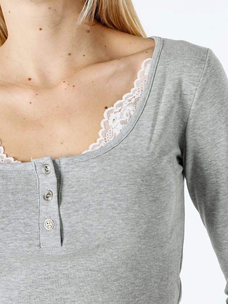 Maglietta donna in cotone a maniche lunghe con dettaglio di pizzo - grigio