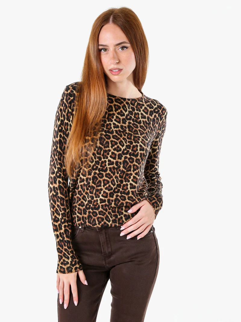 Maglia donna a maniche lunghe con stampa animalier - cammello