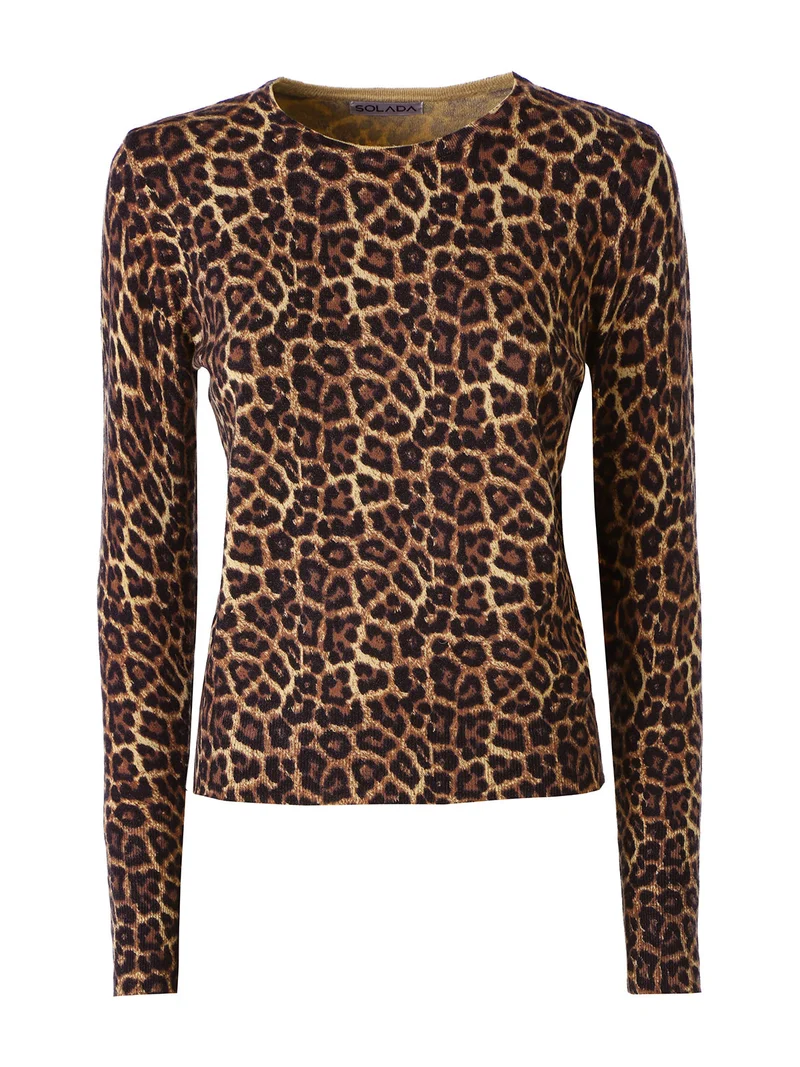 Maglia donna a maniche lunghe con stampa animalier - cammello