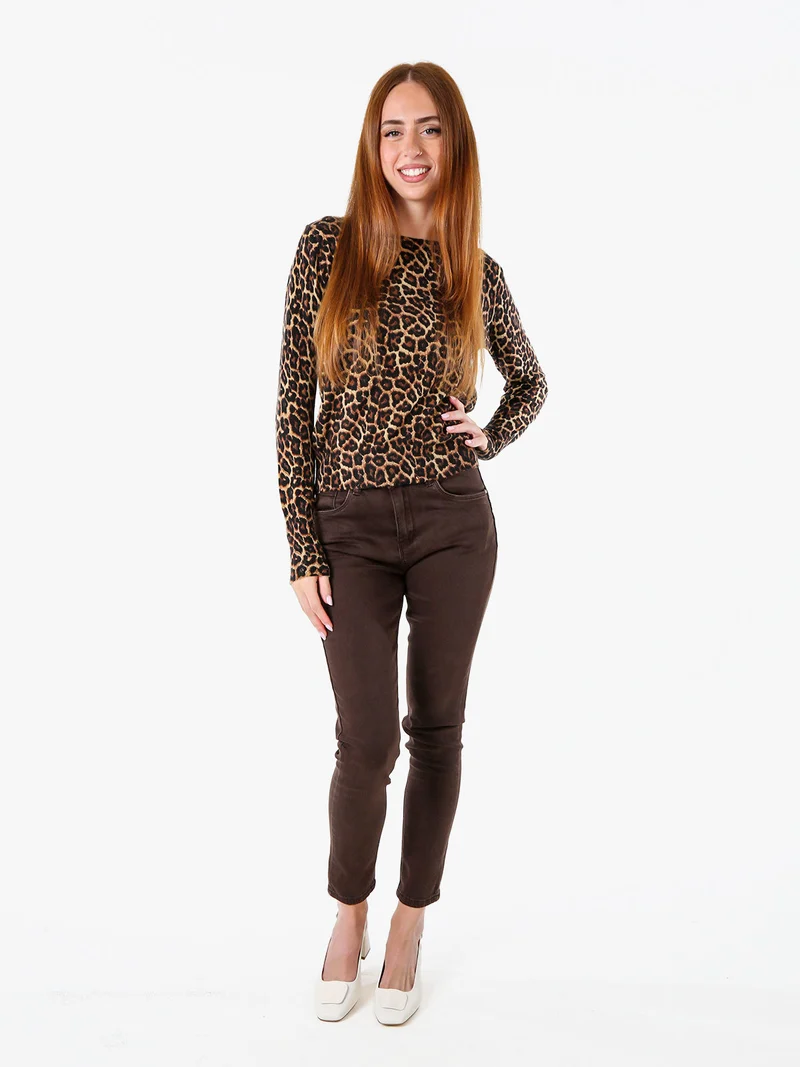 Maglia donna a maniche lunghe con stampa animalier - cammello