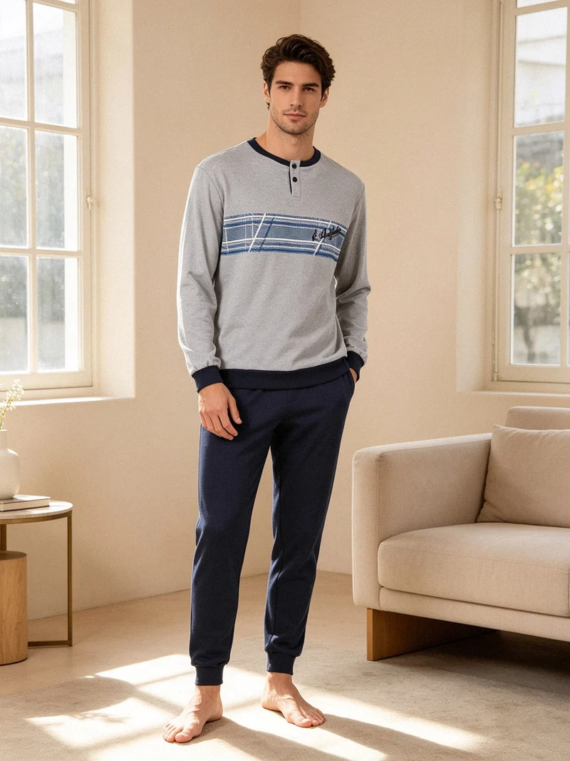 Pigiama lungo da uomo in misto cotone interlock - grigio