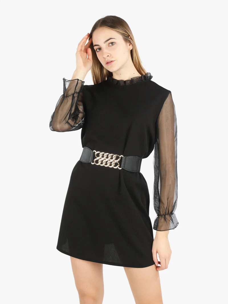 Abito donna con colletto alla coreana e maniche in tulle - nero