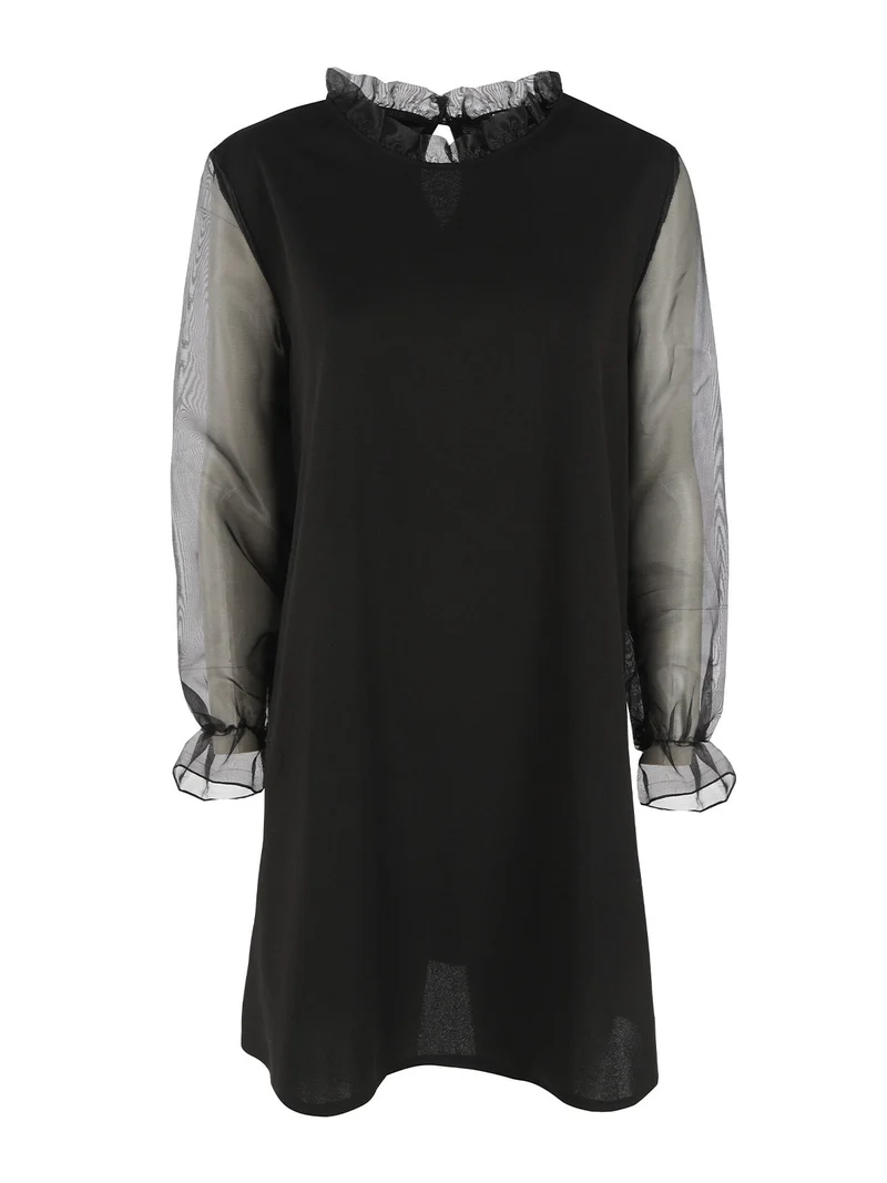 Abito donna con colletto alla coreana e maniche in tulle - nero