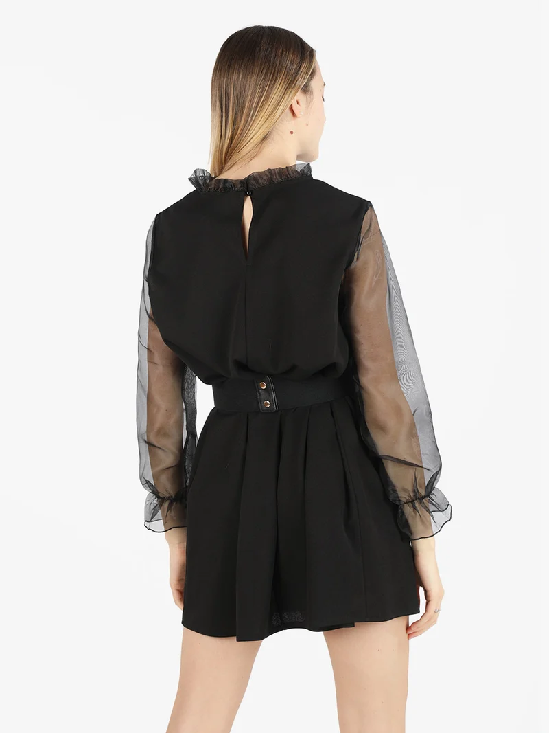 Abito donna con colletto alla coreana e maniche in tulle - nero