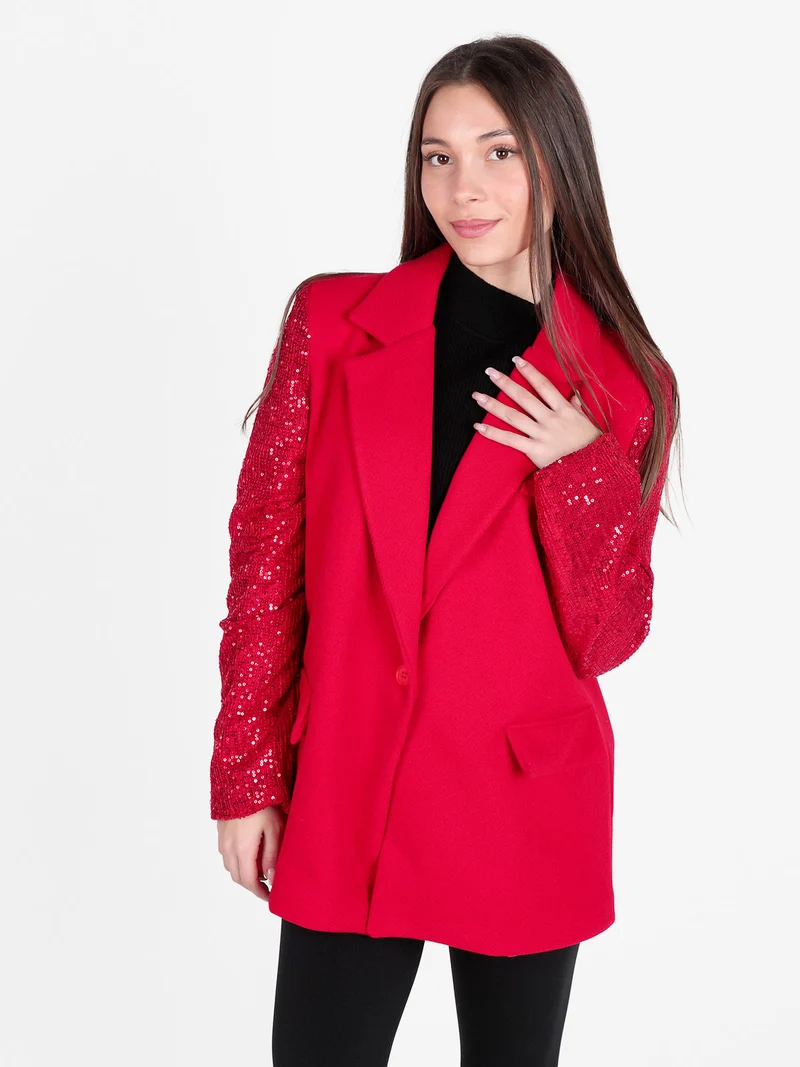 Blazer donna oversize con maniche di paillettes - rosso