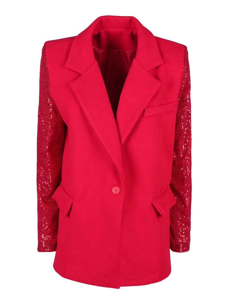 Blazer donna oversize con maniche di paillettes - rosso