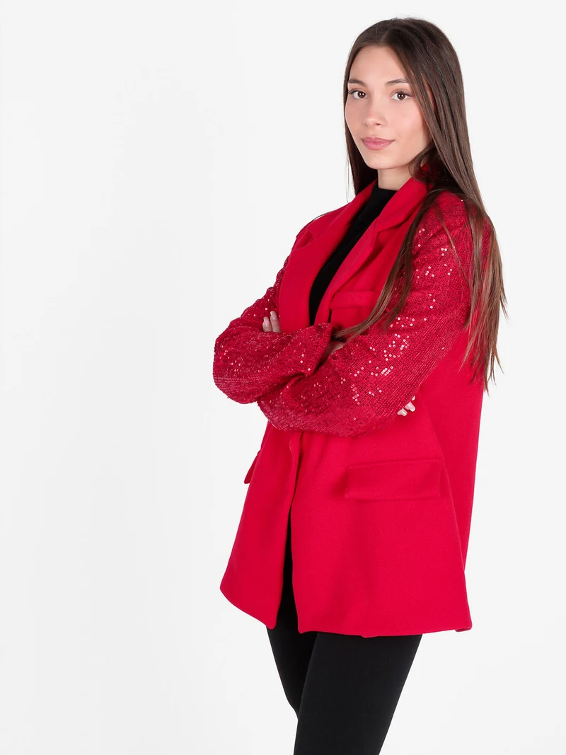 Blazer donna oversize con maniche di paillettes - rosso
