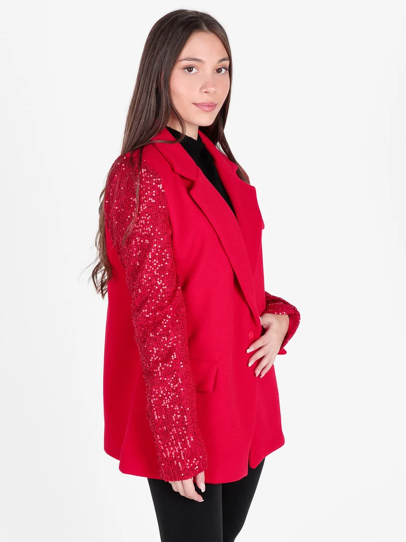 Blazer donna oversize con maniche di paillettes - rosso