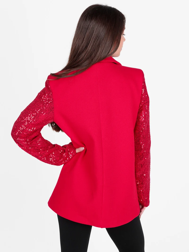 Blazer donna oversize con maniche di paillettes - rosso