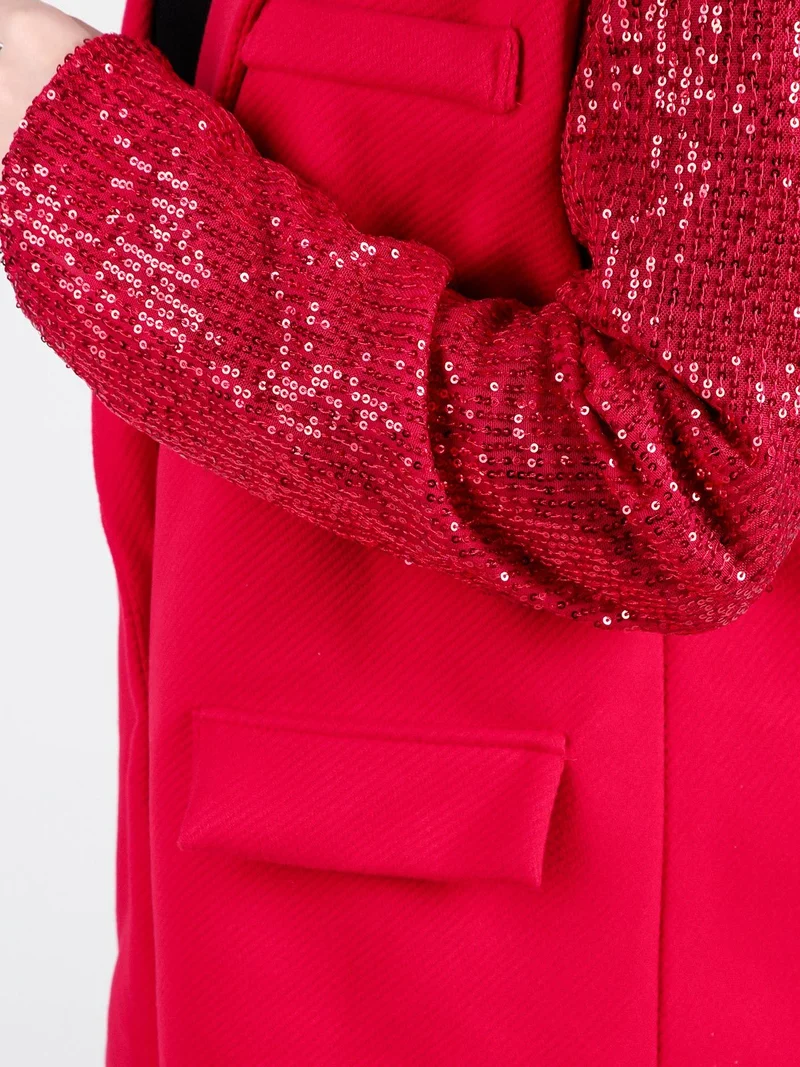 Blazer donna oversize con maniche di paillettes - rosso