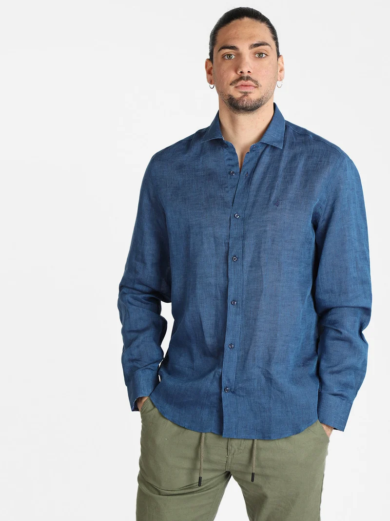 Camicia uomo in lino - blu scuro