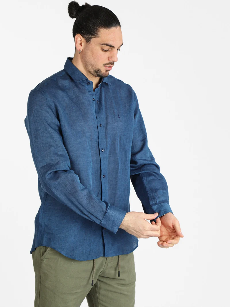 Camicia uomo in lino - blu scuro