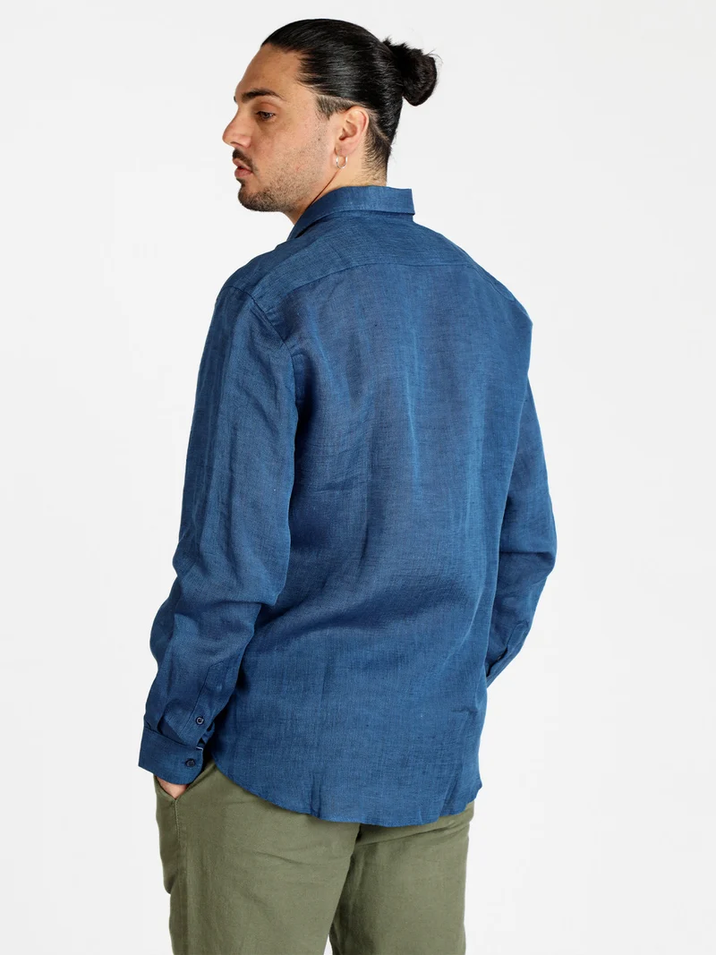 Camicia uomo in lino - blu scuro