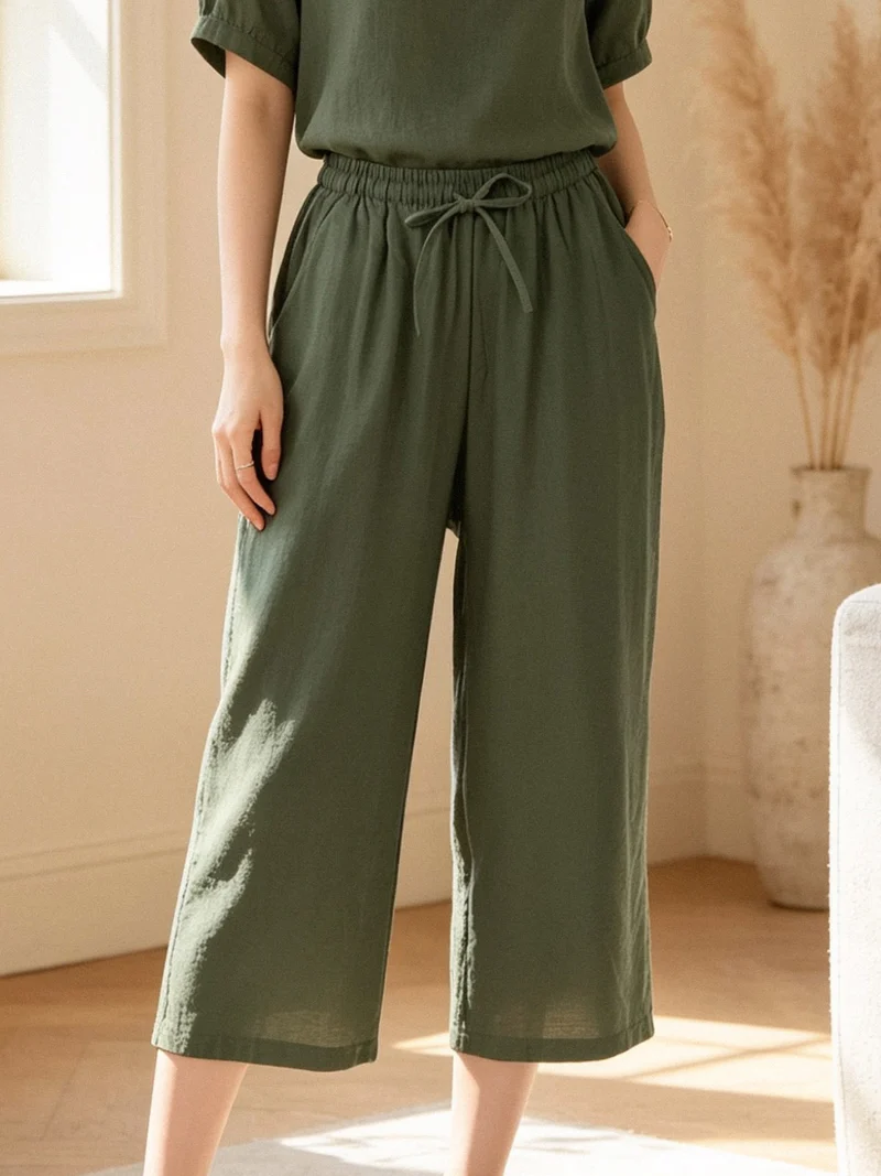 Pantaloni donna cropped a gamba larga con coulisse - militare