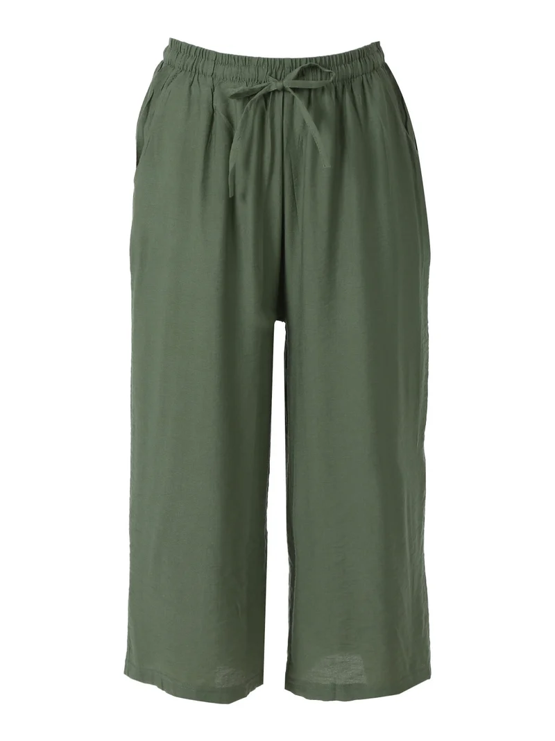 Pantaloni donna cropped a gamba larga con coulisse - militare