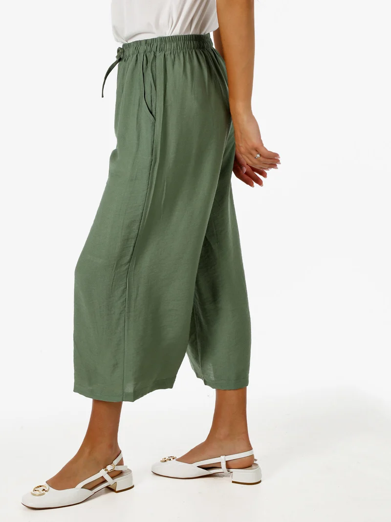 Pantaloni donna cropped a gamba larga con coulisse - militare