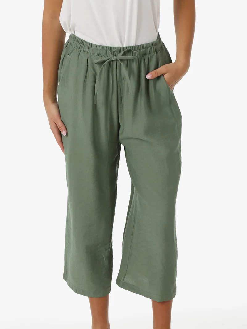 Pantaloni donna cropped a gamba larga con coulisse - militare