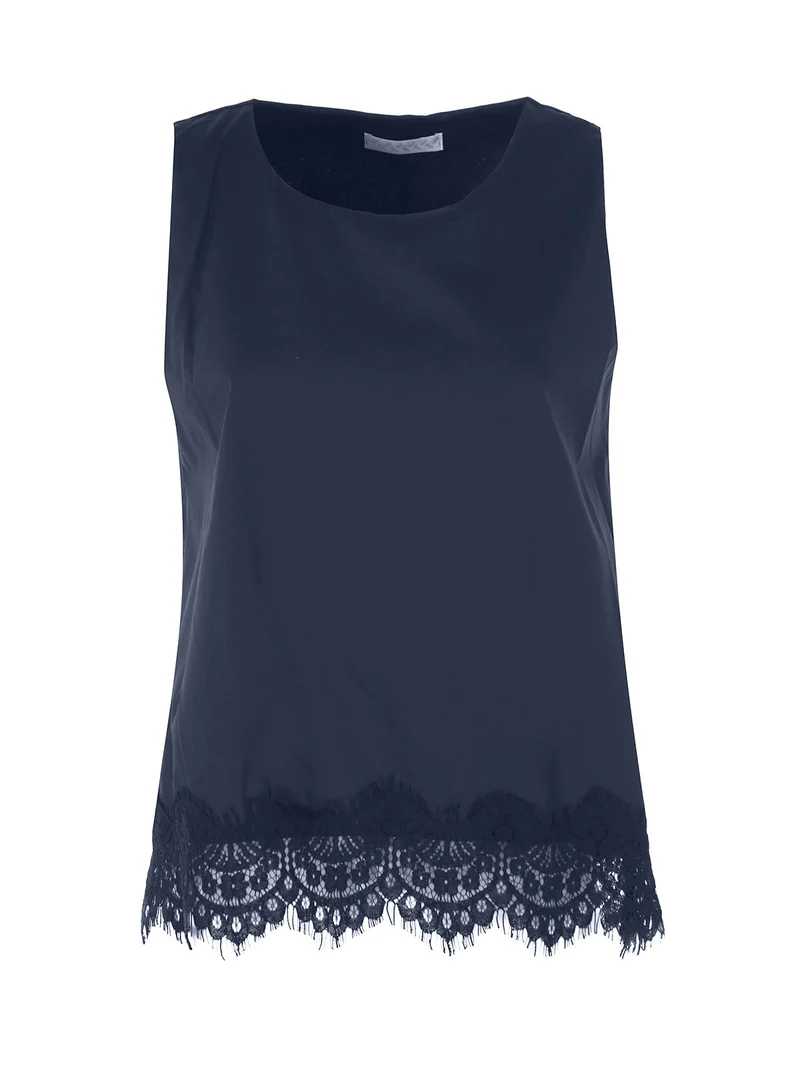 Top donna in cotone con pizzo sul finale - blu scuro