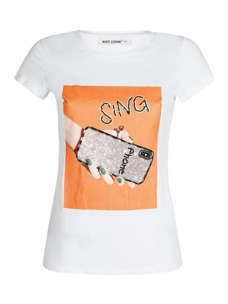 T-shirt con stampa e perline - arancione