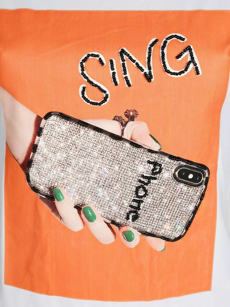 T-shirt con stampa e perline - arancione