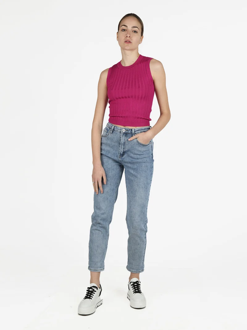Top donna elasticizzato a coste - fucsia
