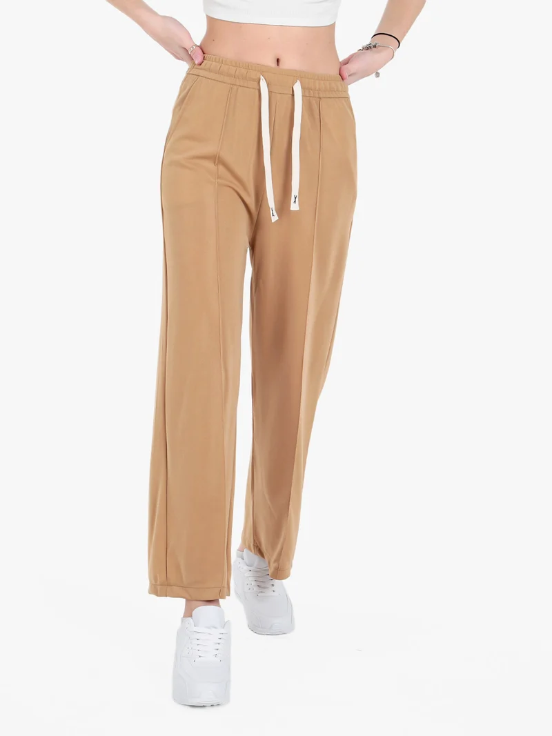 Pantaloni donna a gamba larga con coulisse - cammello