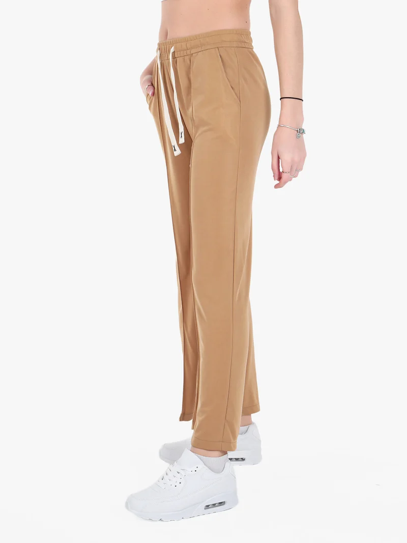Pantaloni donna a gamba larga con coulisse - cammello