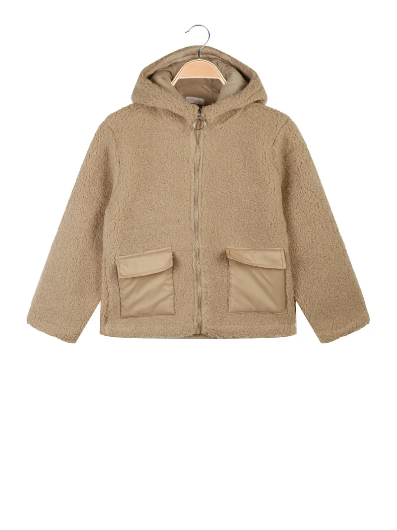 Giacca orsetto da bambina con cappuccio e zip - beige