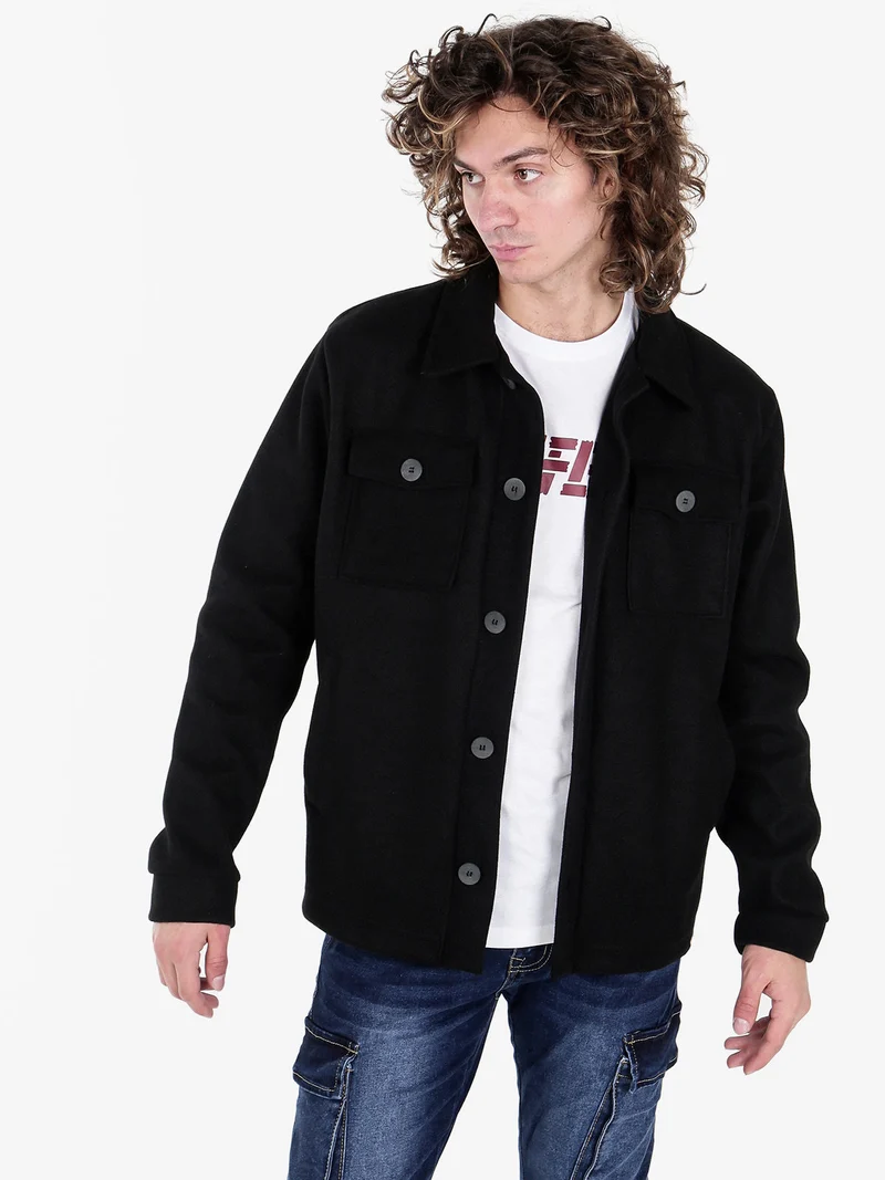 Giacca camicia da uomo effetto lana con bottoni - nero