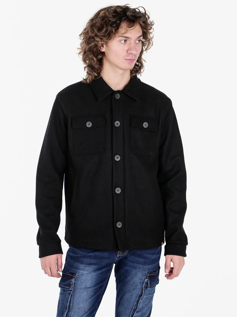 Giacca camicia da uomo effetto lana con bottoni - nero