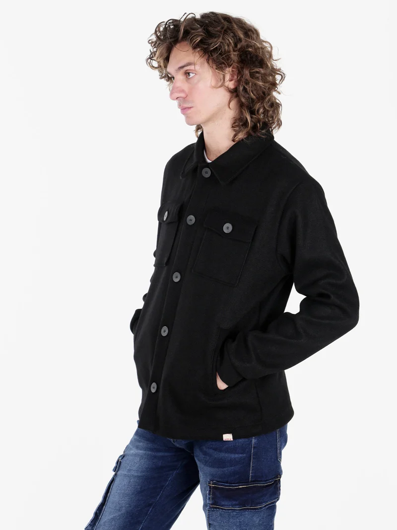 Giacca camicia da uomo effetto lana con bottoni - nero