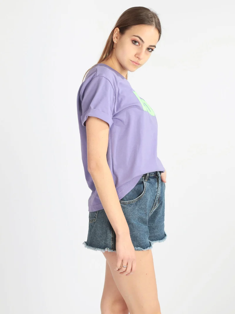 T-shirt donna manica corta con scritta - lilla