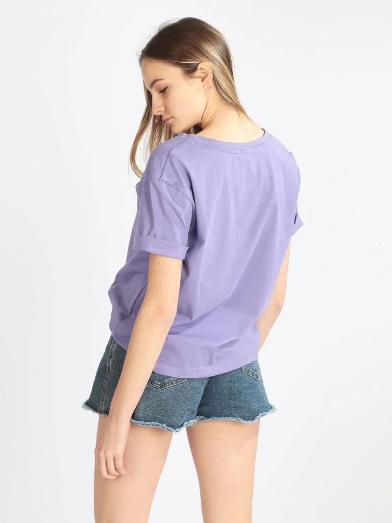 T-shirt donna manica corta con scritta - lilla