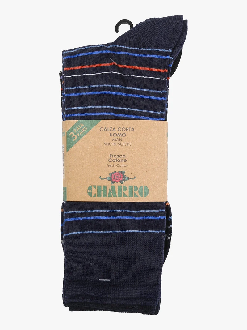 Confezione da 3 paia di calze corte a righe da uomo in cotone - azzurro