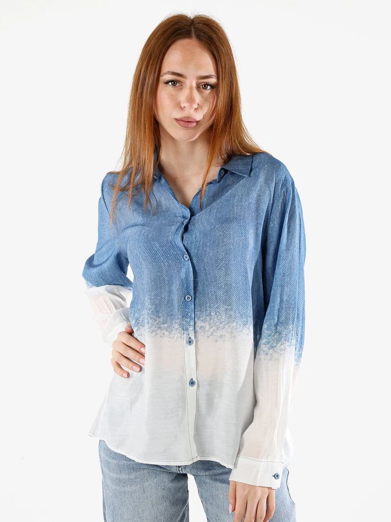 Camicia donna a maniche lunghe con stampa bicolore - blu