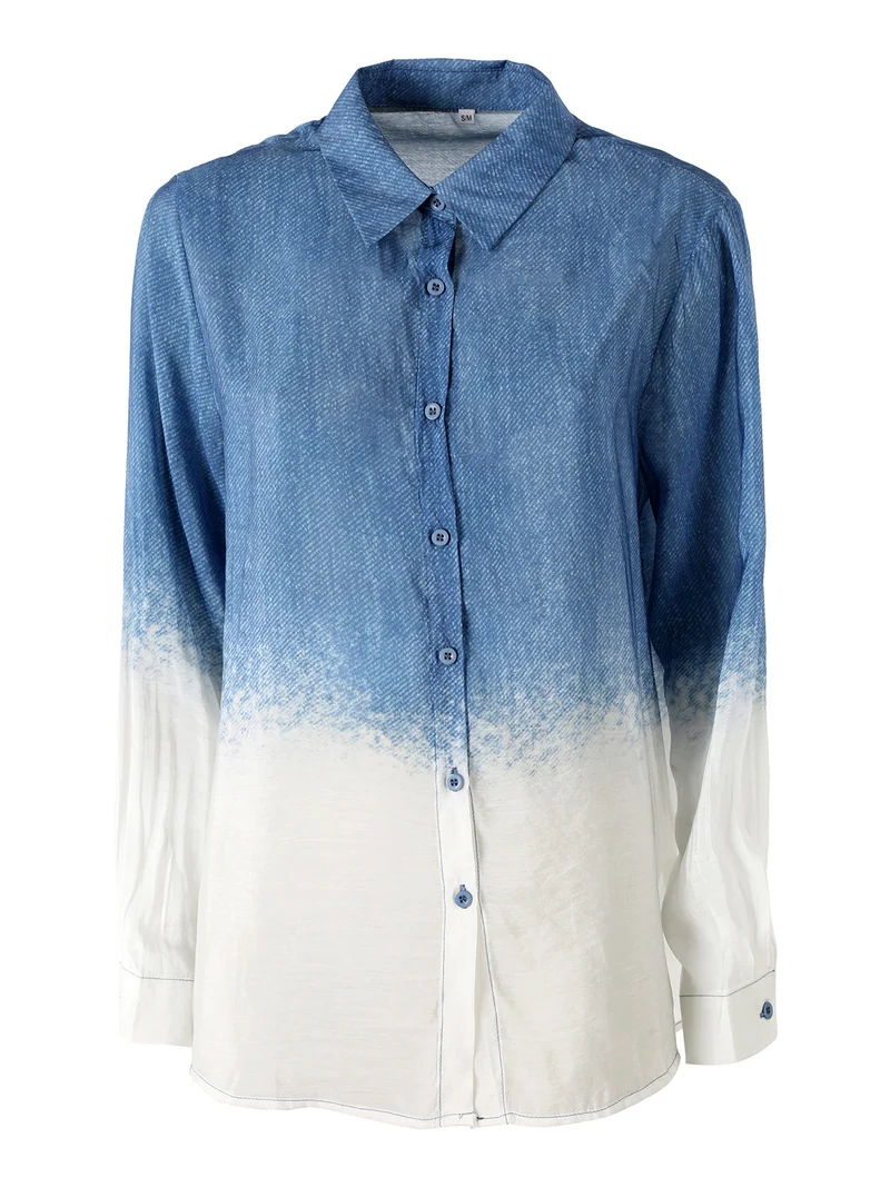 Camicia donna a maniche lunghe con stampa bicolore - blu