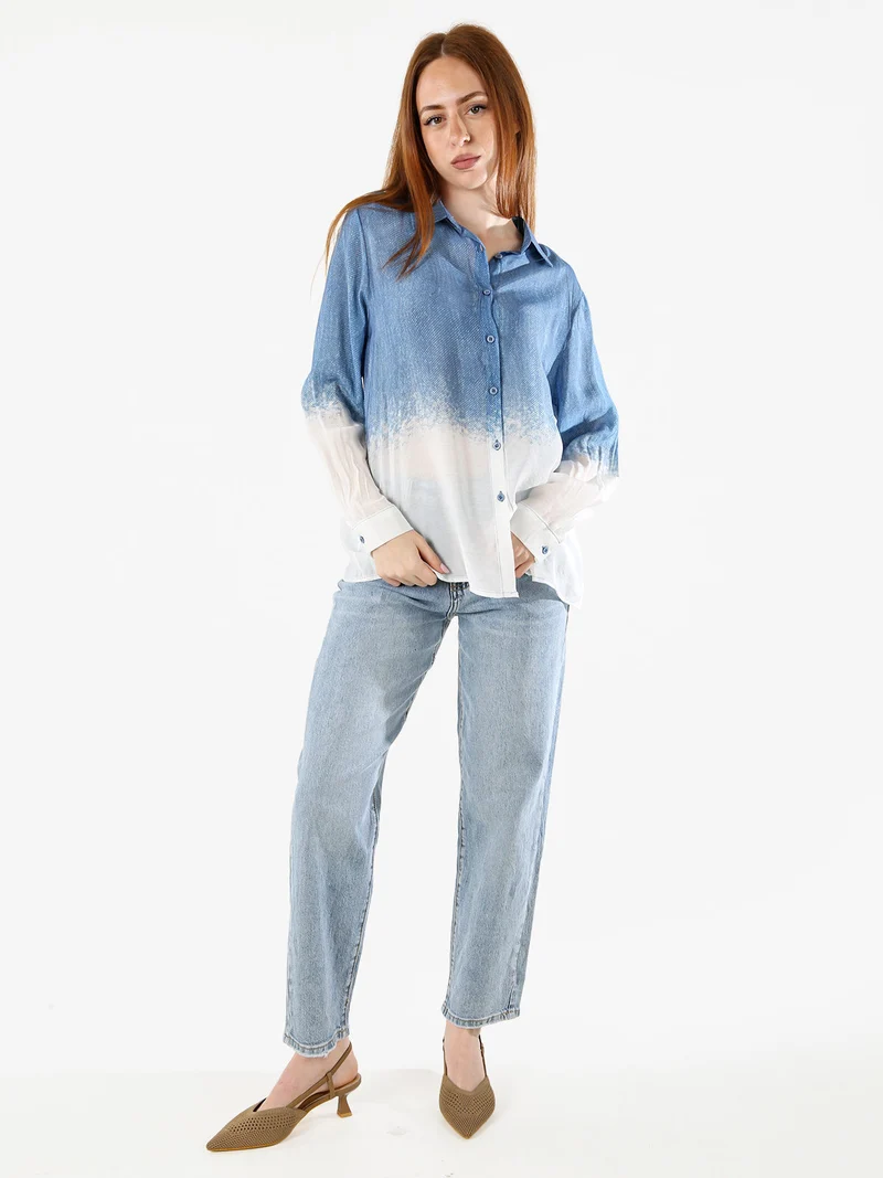 Camicia donna a maniche lunghe con stampa bicolore - blu