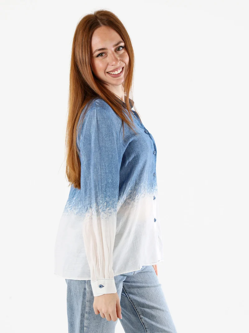 Camicia donna a maniche lunghe con stampa bicolore - blu