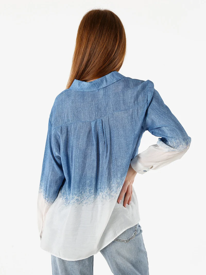 Camicia donna a maniche lunghe con stampa bicolore - blu